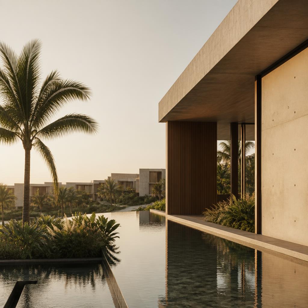 Modern luxury master-planned residence with infinity pool at golden hour